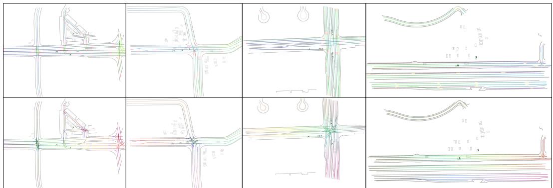 Figure 11: Visualization of lane segment features under DRoPE using inputs from local (top row) and global (bottom row) coordinates.