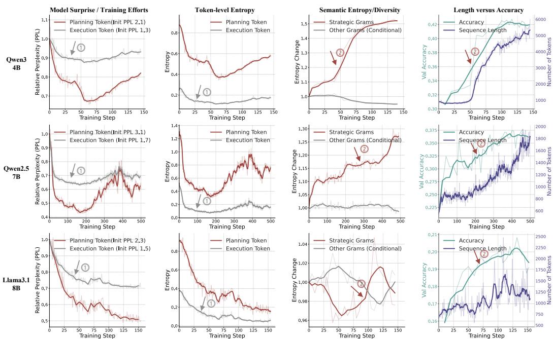 Training dynamics for three different LLMs reveal a consistent two-phase learning process. Phase ① shows a sharp drop in perplexity and entropy for execution tokens (gray), indicating procedural consolidation. Phase ② shows a rise in semantic diversity for planning tokens (red), correlating with accuracy gains and longer reasoning chains.