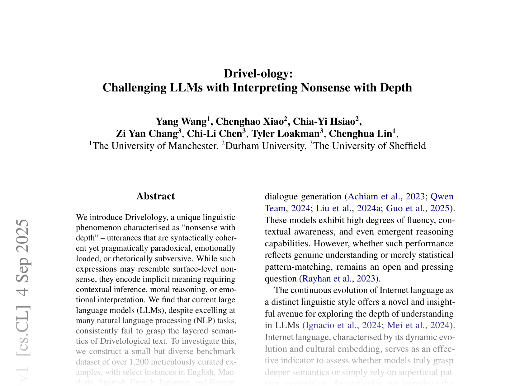 [Drivelology: Challenging LLMs with Interpreting Nonsense with Depth 🔗](https://arxiv.org/abs/2509.03867)