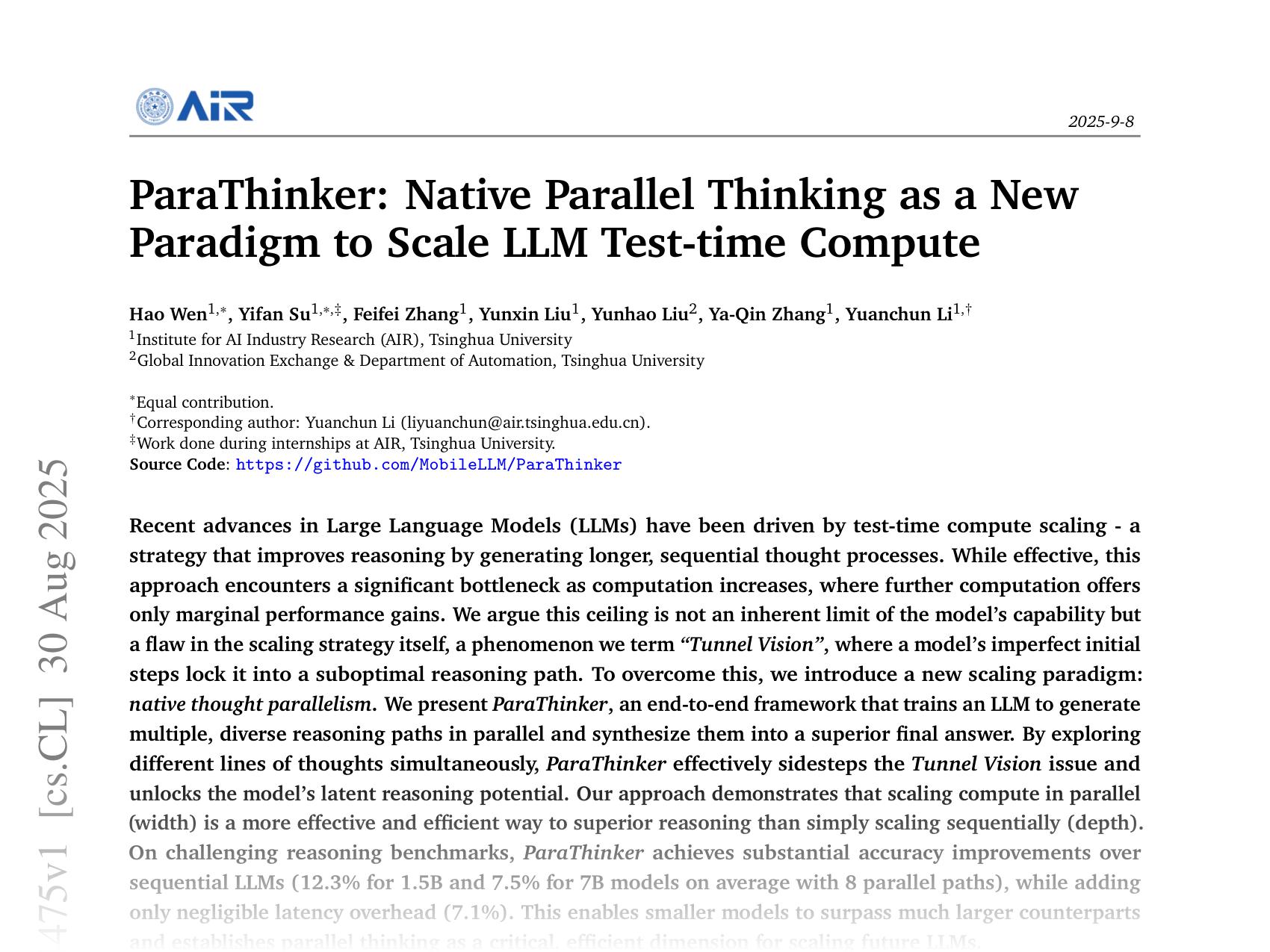 [ParaThinker: Native Parallel Thinking as a New Paradigm to Scale LLM Test-time Compute 🔗](https://arxiv.org/abs/2509.04475)