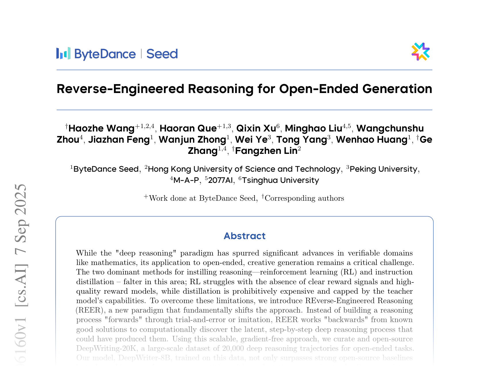 [Reverse-Engineered Reasoning for Open-Ended Generation 🔗](https://arxiv.org/abs/2509.06160)