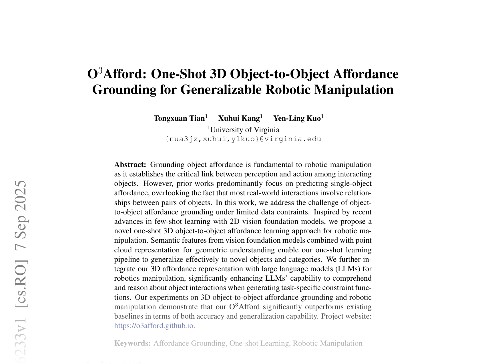 [O3Afford: One-Shot 3D Object-to-Object Affordance Grounding for Generalizable Robotic Manipulation 🔗](https://arxiv.org/abs/2509.06233)