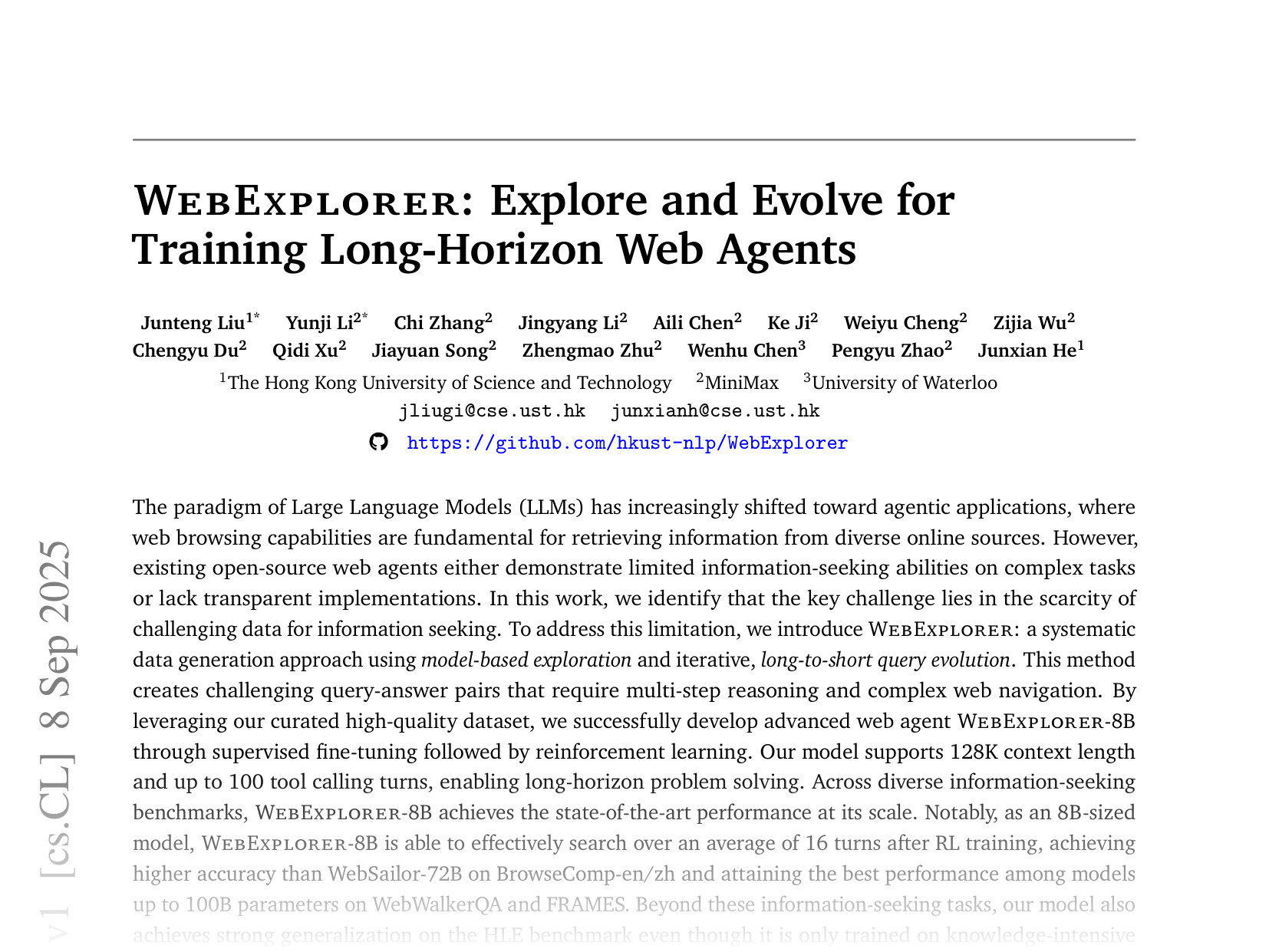 [WEBEXPLORER: A New Recipe for Training Superhuman Web Agents 🔗](https://arxiv.org/abs/2509.06501)