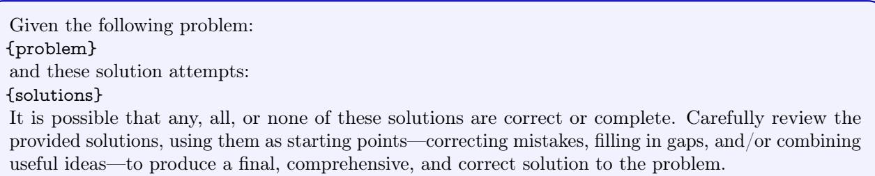 The prompt template used to instruct AGGLM to review, correct, and combine ideas from provided solutions into a final answer.