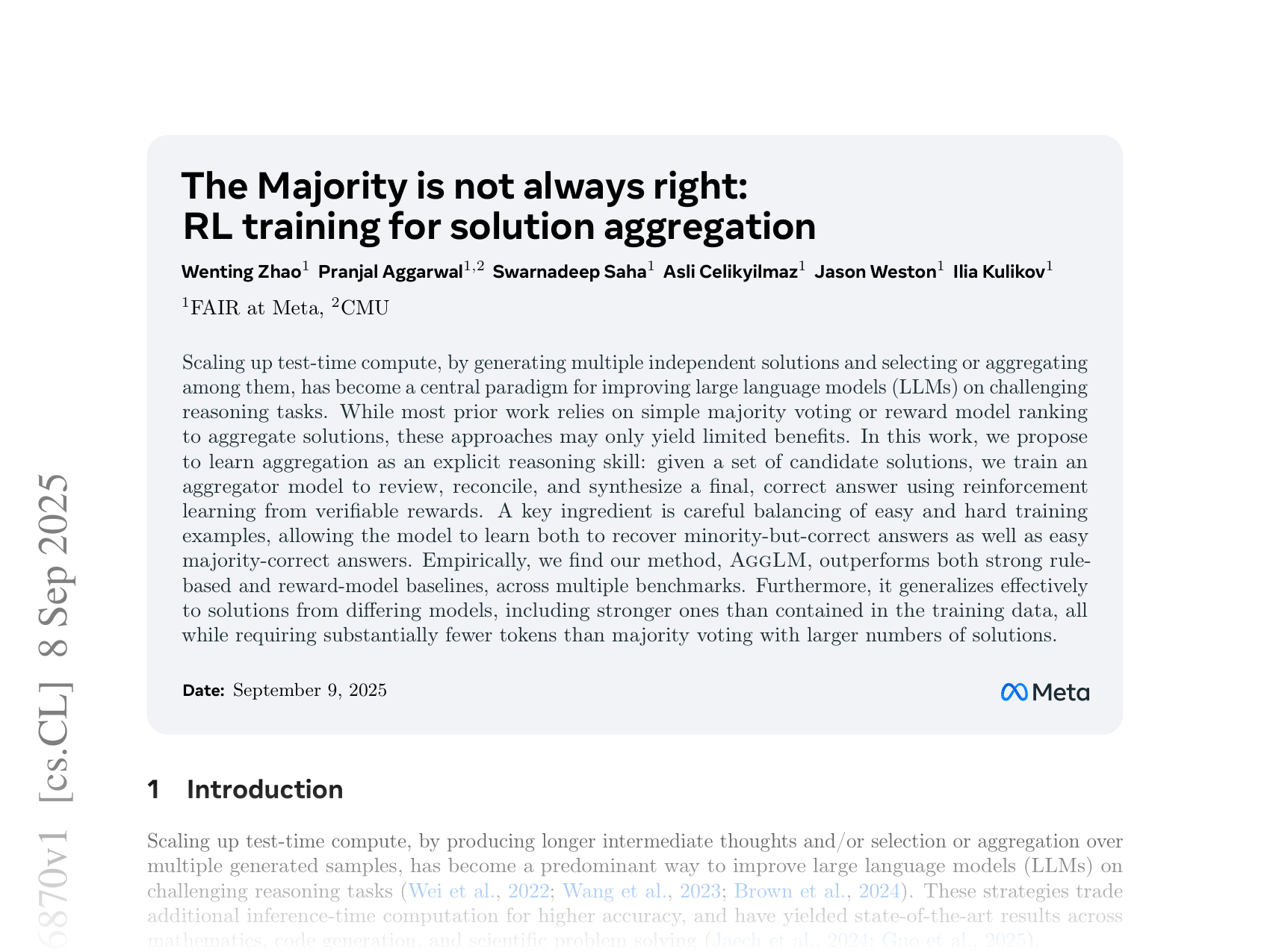 [The Majority is not always right: RL training for solution aggregation 🔗](https://arxiv.org/abs/2509.06870)