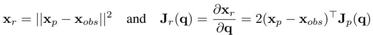 Equation describing the distance task space and Jacobian