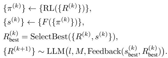 Equation showing the iterative process of RL policy generation and selection.