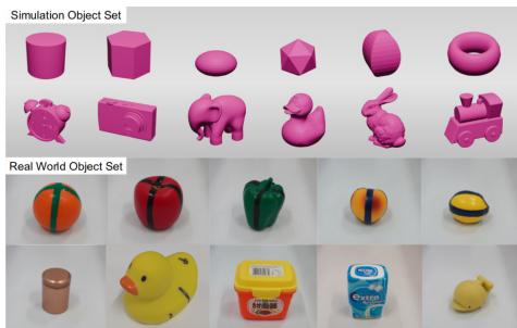 Figure 4: Top: Objects used to evaluate distilled Student tactile model in simulation. Bottom: Objects used to evaluate distilled models in the real world.