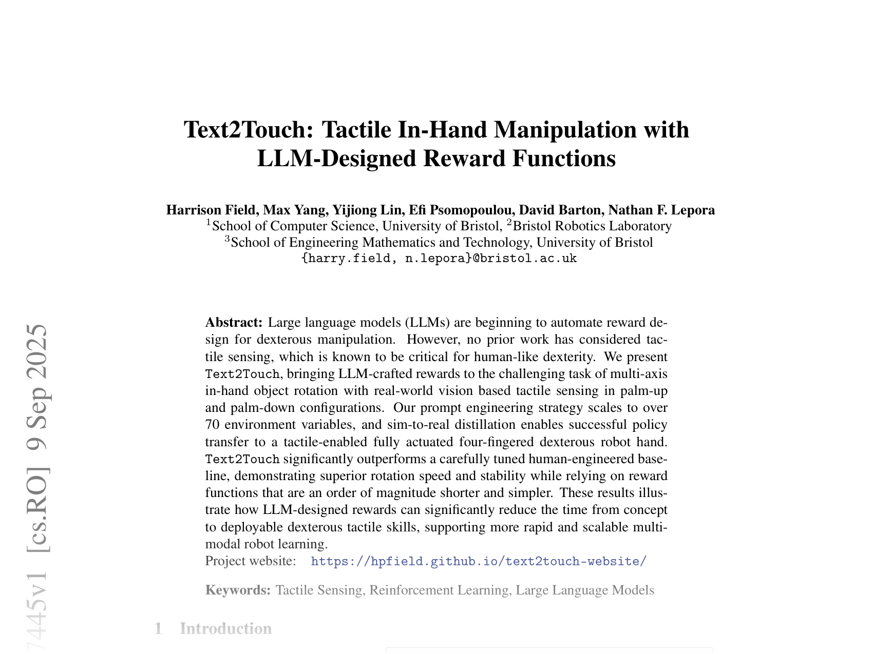 [Text2Touch: Tactile In-Hand Manipulation with LLM-Designed Reward Functions 🔗](https://arxiv.org/abs/2509.07445)