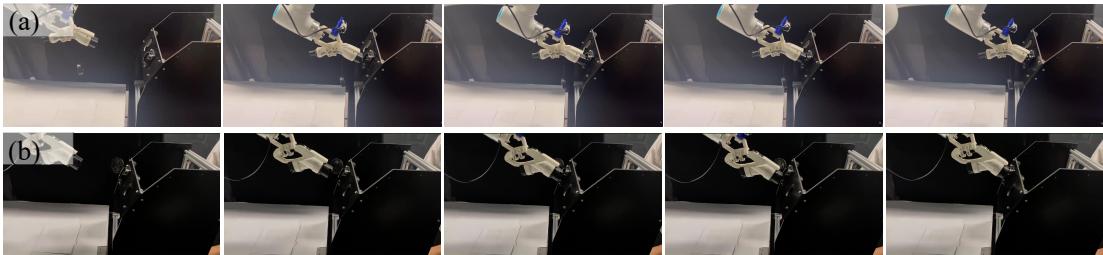 Figure 12: Cross-Embodiment Execution. The model adapts to different charging ports (fast vs. slow) using torque feedback.