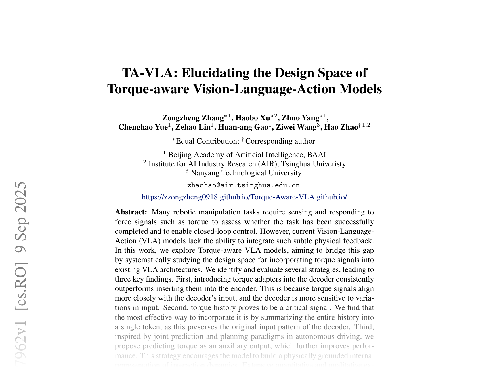 [TA-VLA: Elucidating the Design Space of Torque-aware Vision-Language-Action Models 🔗](https://arxiv.org/abs/2509.07962)