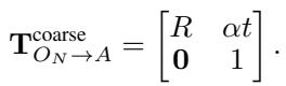 Equation showing the coarse transformation matrix including rotation, scaled translation, and scaling factor.