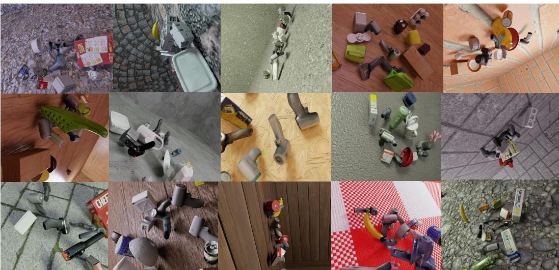 Examples of the generated synthetic training dataset showing diverse backgrounds and lighting.