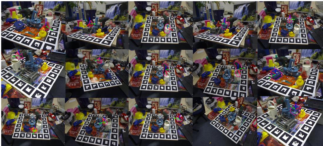 Qualitative results on the LINEMOD Occlusion dataset showing accurate pose alignment.