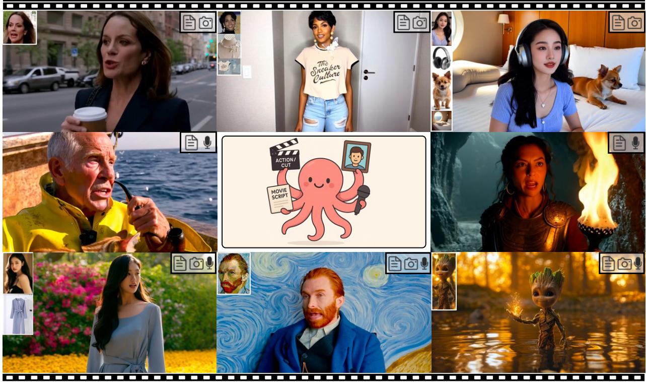 A collage of videos generated by HuMo, showcasing its ability to handle text-image, text-audio, and text-image-audio inputs for diverse subjects like humans, stylized characters, and animations.