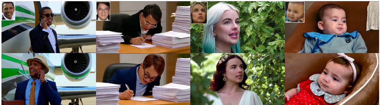 A grid of images demonstrating text controllability. The same reference person is placed in different scenes (near an airplane, in an office, in nature) with different clothing based on varying text prompts.