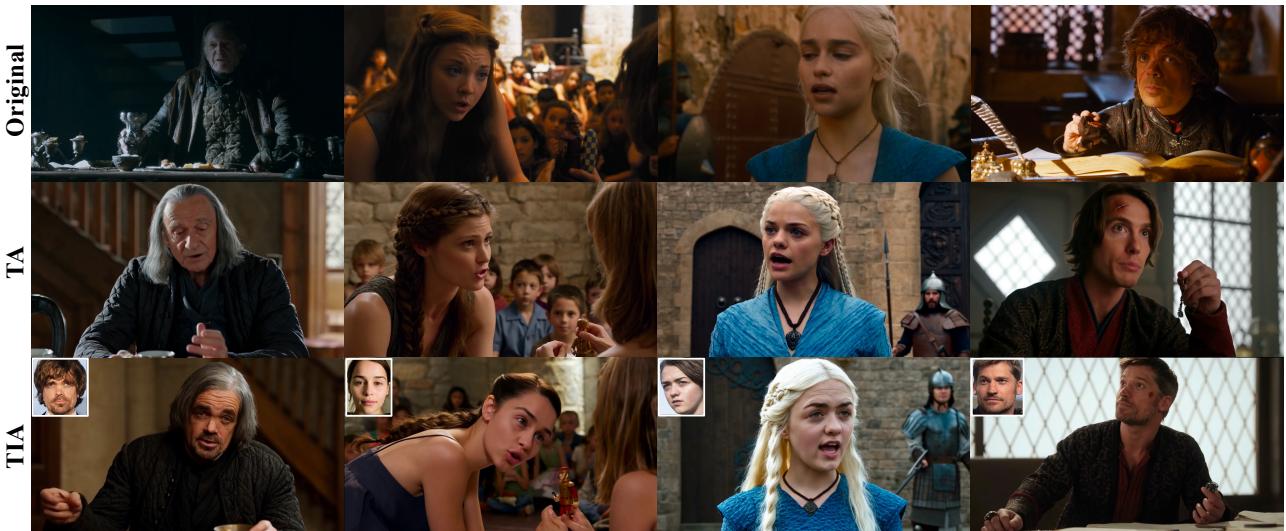 A collage recreating scenes from Game of Thrones. HuMo generates new video clips based on audio and captions from the show, both with and without a new reference actor’s face.