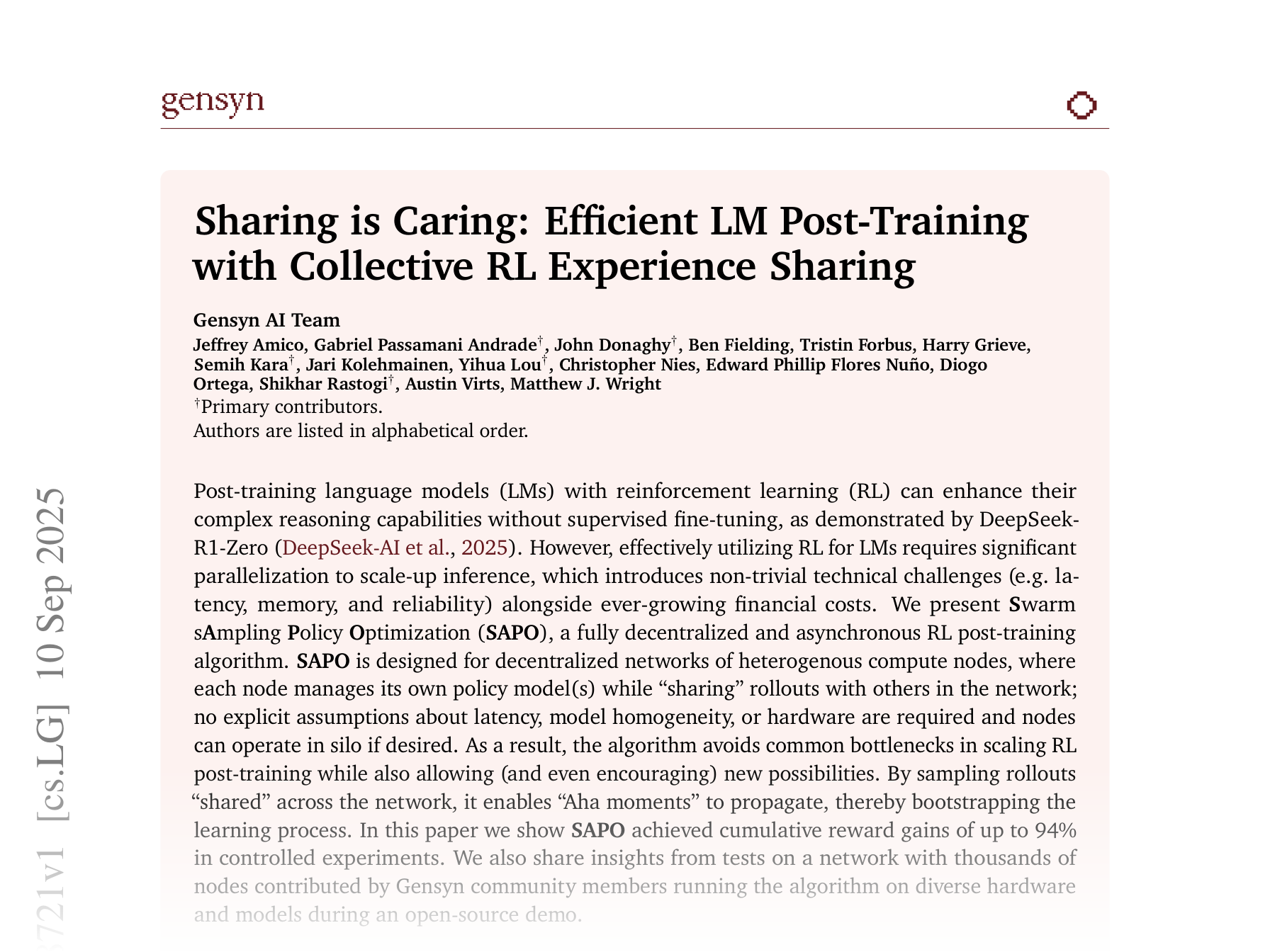 [Sharing is Caring: Efficient LM Post-Training with Collective RL Experience Sharing 🔗](https://arxiv.org/abs/2509.08721)