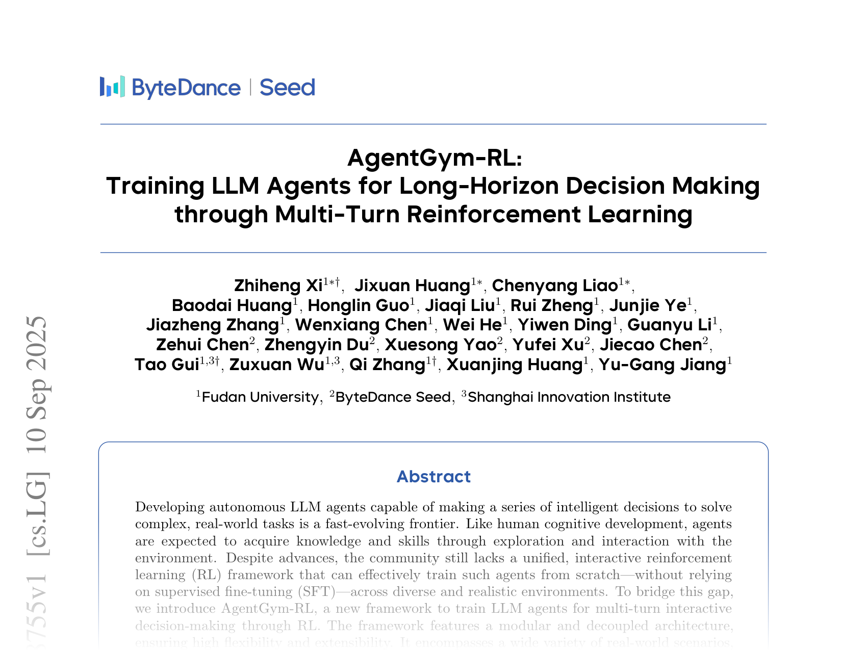 [AgentGym-RL: Training LLM Agents for Long-Horizon Decision Making through Multi-Turn Reinforcement Learning 🔗](https://arxiv.org/abs/2509.08755)