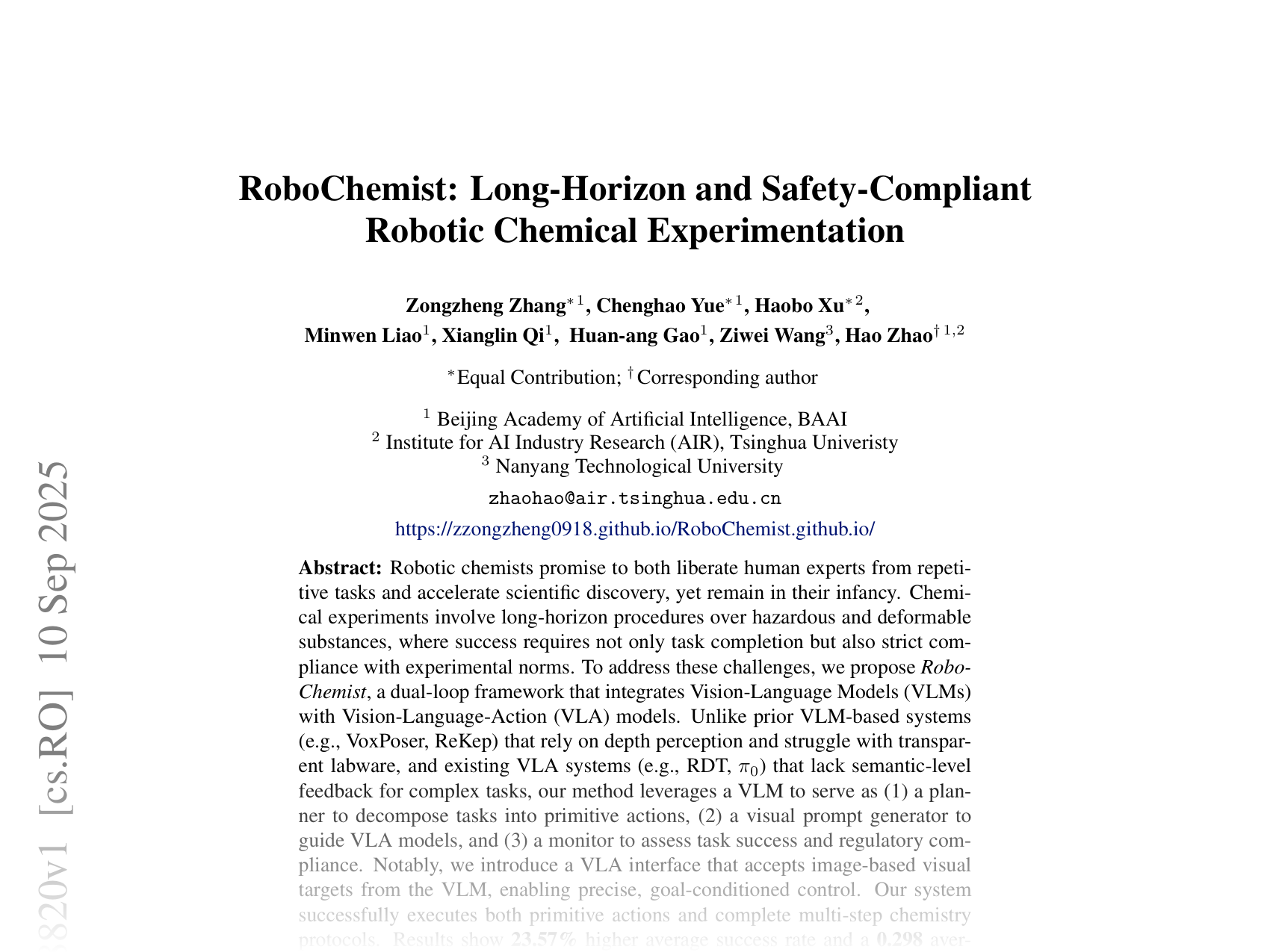[RoboChemist: Long-Horizon and Safety-Compliant Robotic Chemical Experimentation 🔗](https://arxiv.org/abs/2509.08820)