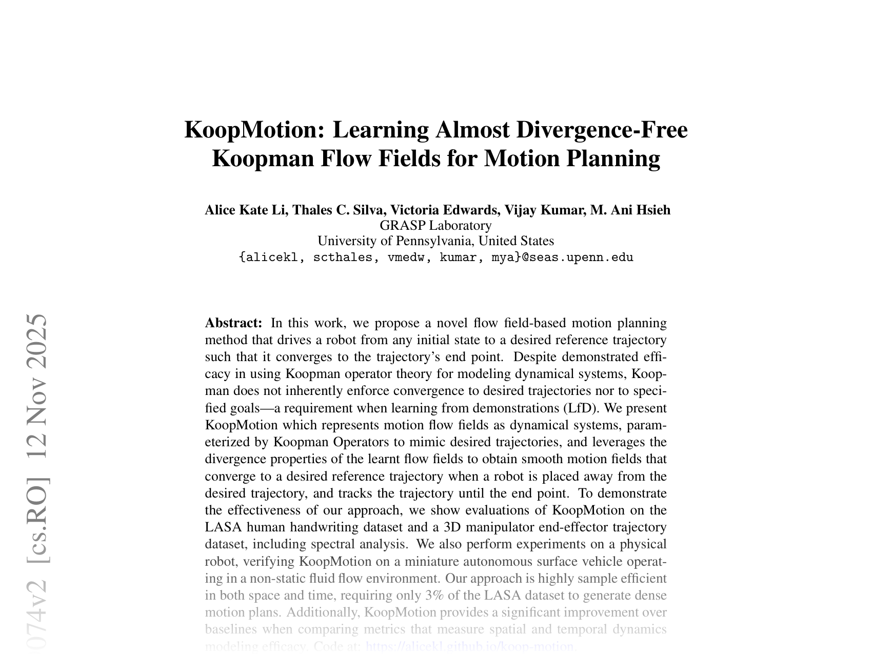 [KoopMotion: Learning Almost Divergence-Free Koopman Flow Fields for Motion Planning 🔗](https://arxiv.org/abs/2509.09074)