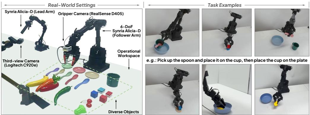 Figure 6: Real-world manipulation setup and task examples.