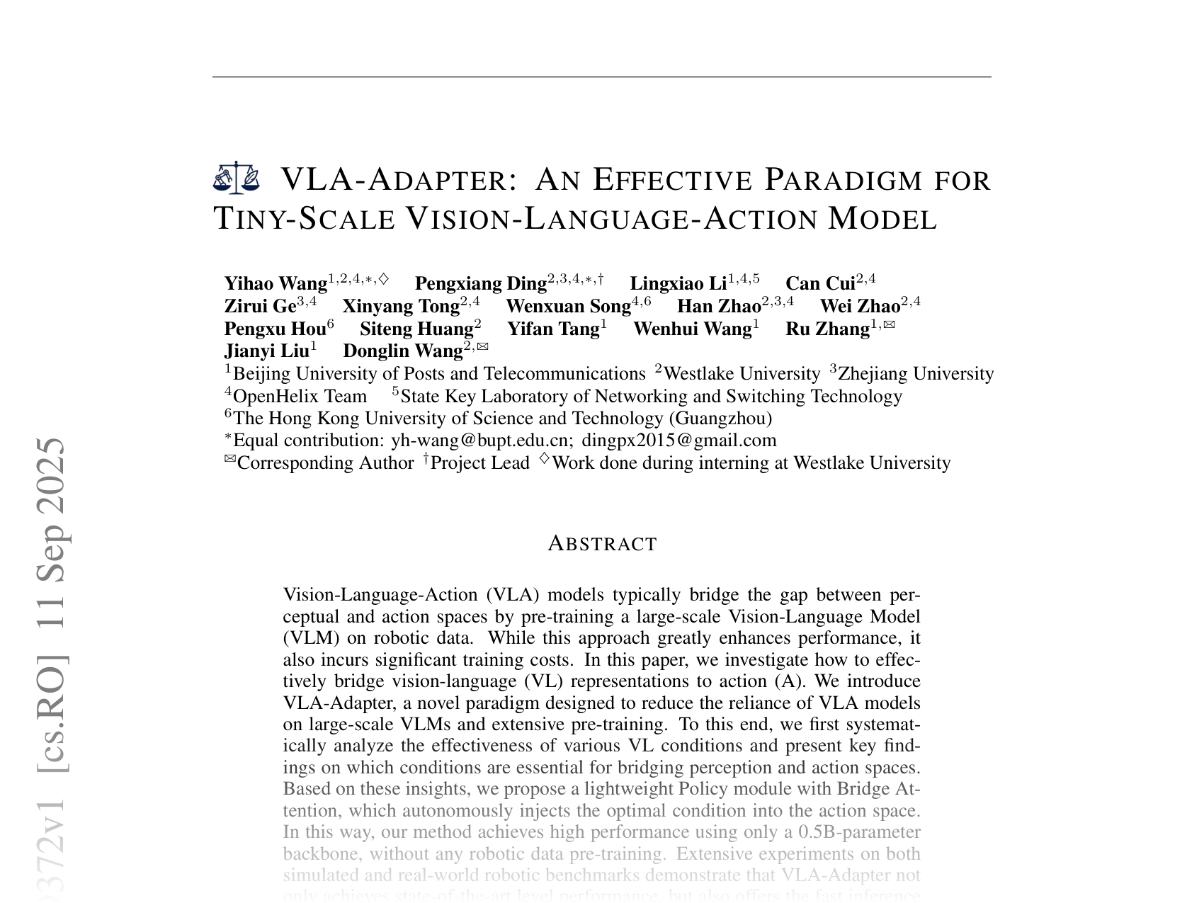 [VLA-Adapter: An Efficient Paradigm for Tiny-Scale Vision-Language-Action Models 🔗](https://arxiv.org/abs/2509.09372)