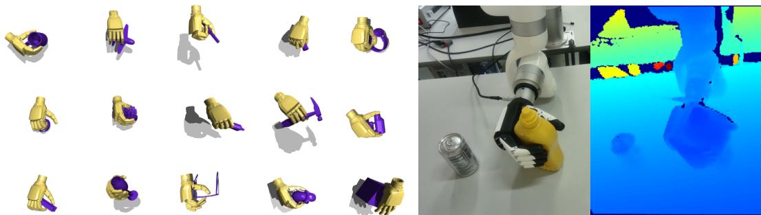 Figure 1: We propose DEXPLORE, a unified control policy. Left: Human demonstrations act as soft references for RL training. Right: The policy is distilled into a vision-based controller for real-world deployment.