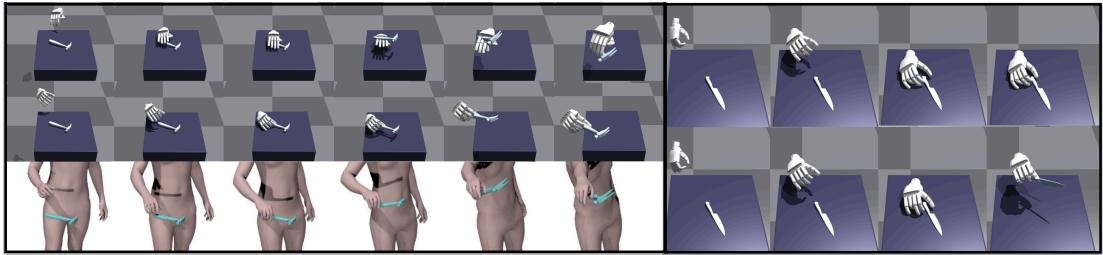 Figure 3: Comparisons with AnyTeleop and DexTrack. Note how baseline methods (top rows) fail to achieve stable grasps on difficult objects like knives, while DEXPLORE (middle/bottom) finds a stable configuration.