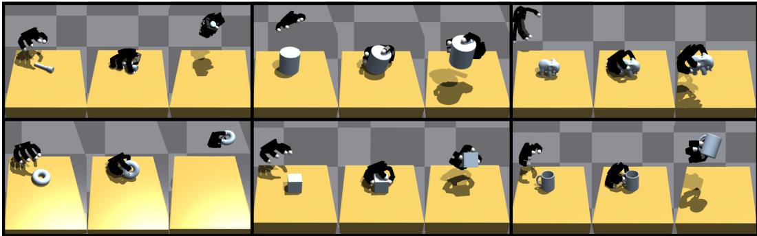 Figure 4: Suitability for different morphologies. The framework adapts to the large, 4-fingered Allegro hand just as well as the 5-fingered Inspire hand.