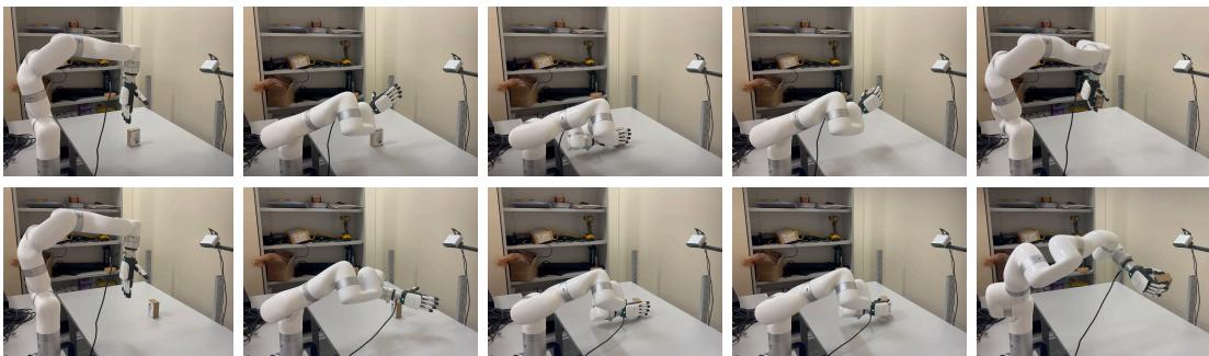 Figure 5: Real-world deployment setup on an XArm-7 with an Inspire hand. The system uses a single depth camera for input.