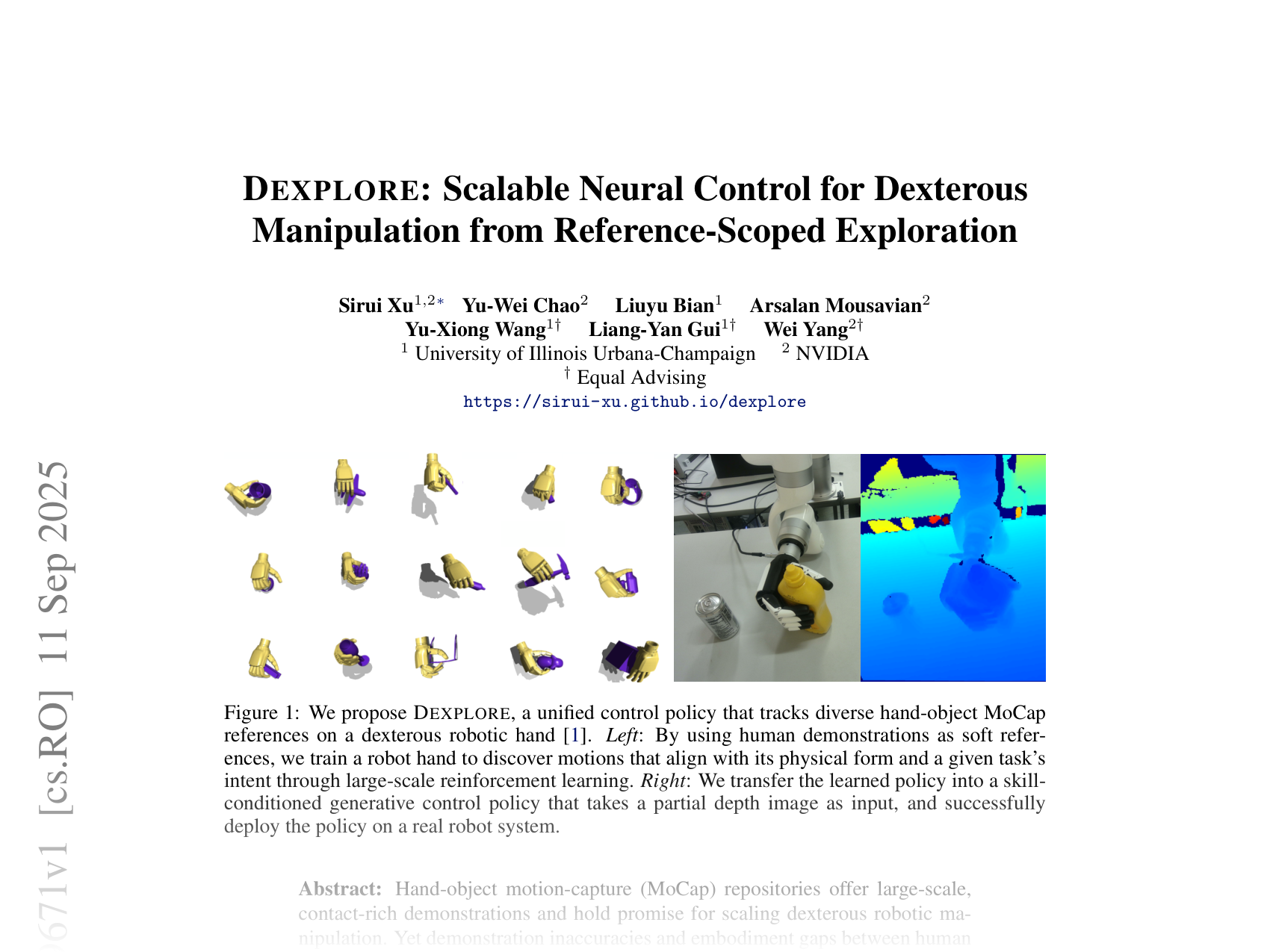 [DEXPLORE: Scalable Neural Control for Dexterous Manipulation from Reference-Scoped Exploration 🔗](https://arxiv.org/abs/2509.09671)