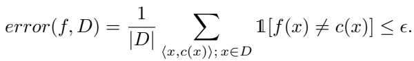 The PAC learning error definition, showing the sum of incorrect predictions over the dataset size.