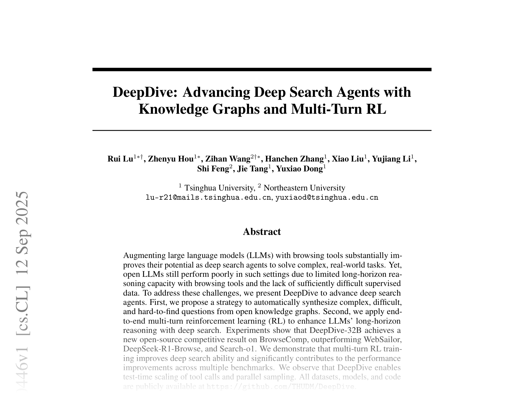 [DeepDive: Advancing Deep Search Agents with Knowledge Graphs and Multi-Turn RL 🔗](https://arxiv.org/abs/2509.10446)