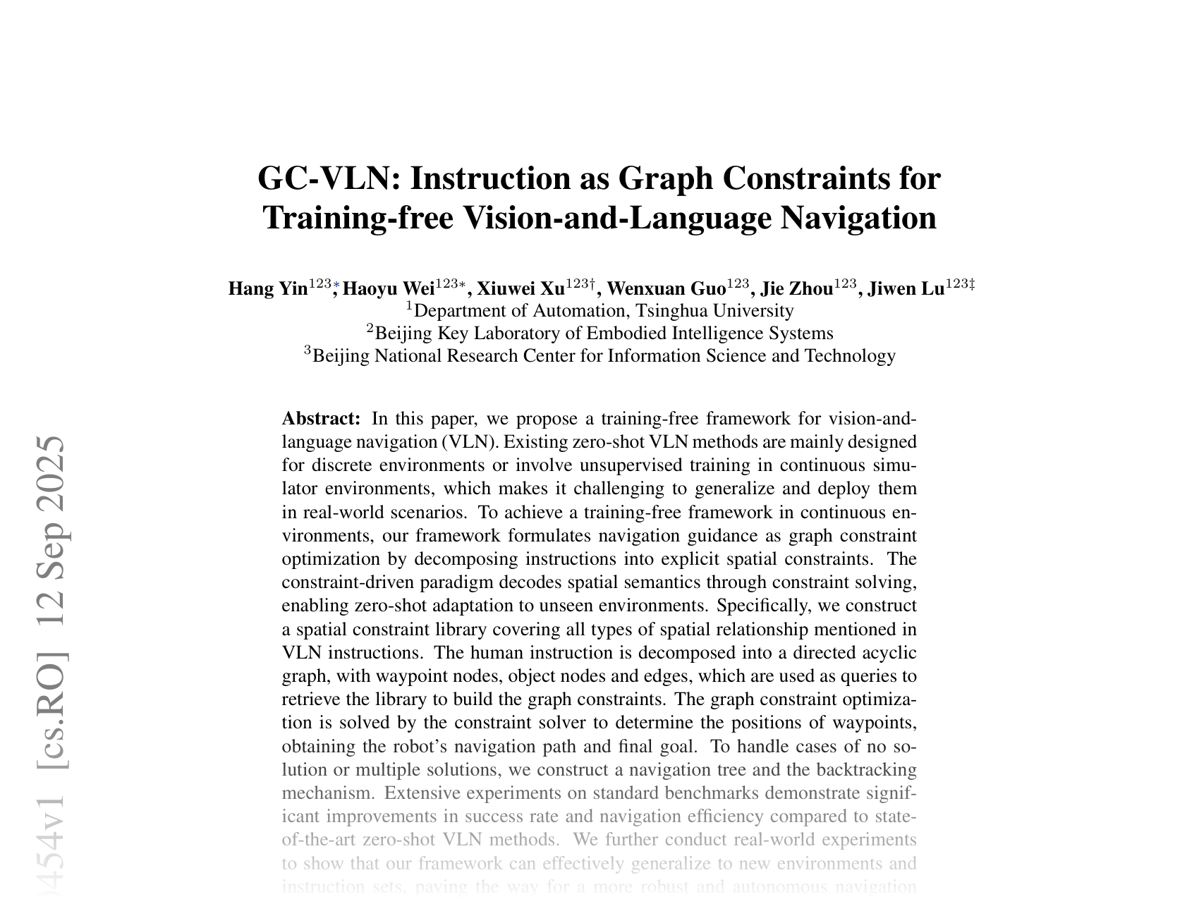 [GC-VLN: Instruction as Graph Constraints for Training-free Vision-and-Language Navigation 🔗](https://arxiv.org/abs/2509.10454)