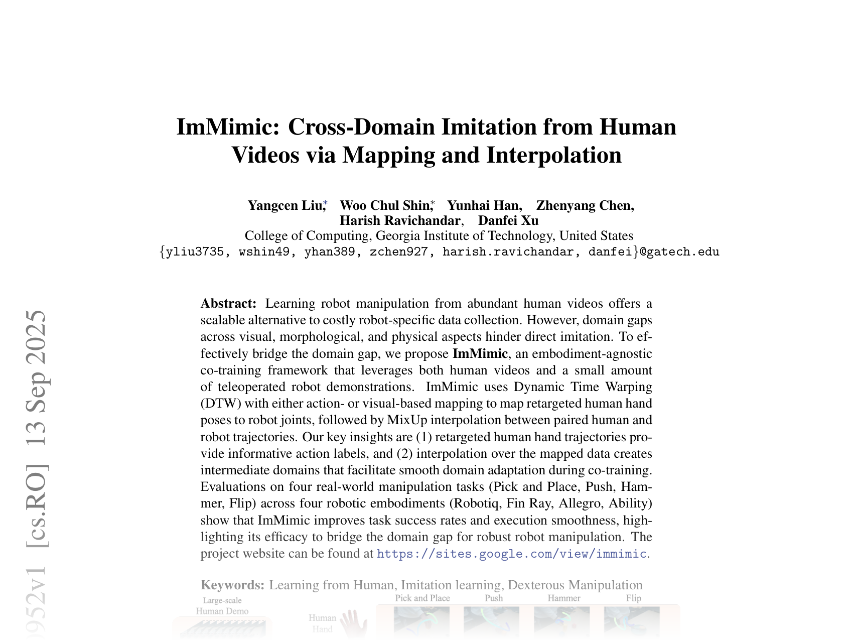 [ImMimic: Cross-Domain Imitation from Human Videos via Mapping and Interpolation 🔗](https://arxiv.org/abs/2509.10952)