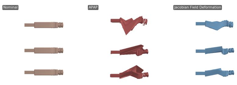 Figure 6: Deformation failure induced by the APAP diffusion prior on a USB plug. While the Jacobian-only variant preserves connector geometry, the full pipeline produces unrealistic deformations.These deviations significantly undermine task viability for insertion.