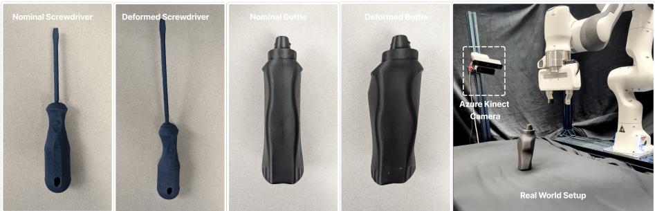 Figure 8: Physical setup and fabricated geometries used for real-world grasping experiments. Left: Nominal screwdriver and botle and their CrashShapes (deformed variants). Right: Table-top Franka Emika Panda with an Azure Kinect camera used to acquire point clouds. These 3D-printed variants preserve plausibility while altering geometry relevant to grasping.
