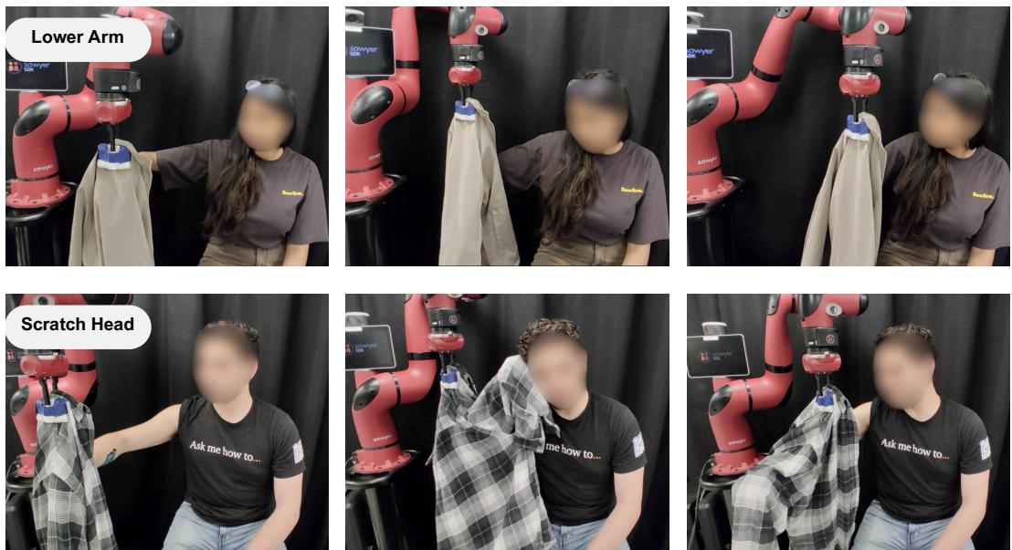 Figure 12: Failure cases of our system in the human study. (Top) garment gets caught on the elbow as the participant performs the“Lower Arm” motion. (Bottom) the policy actions turn inward too early and stop making progress towards the upper arm.
