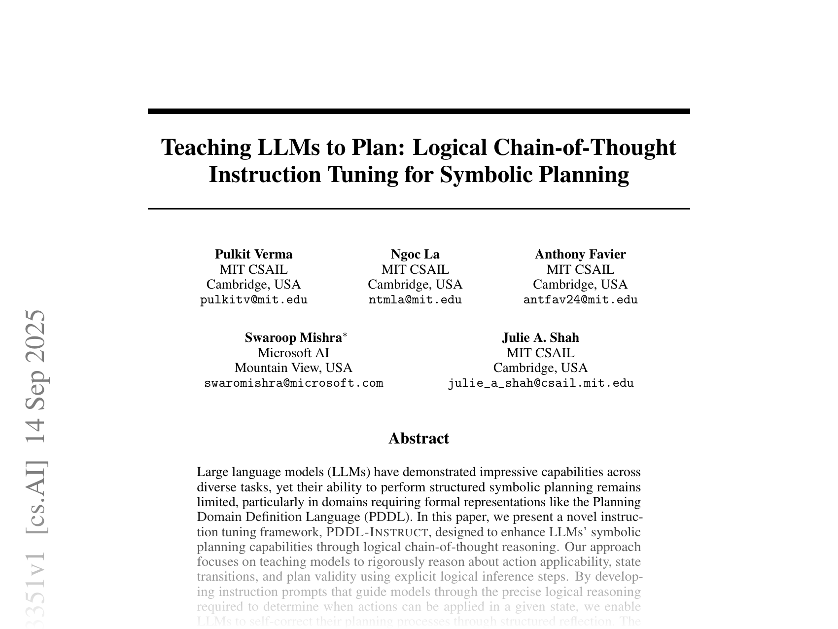 [Teaching LLMs to Plan: Logical Chain-of-Thought Instruction Tuning for Symbolic Planning 🔗](https://arxiv.org/abs/2509.13351)