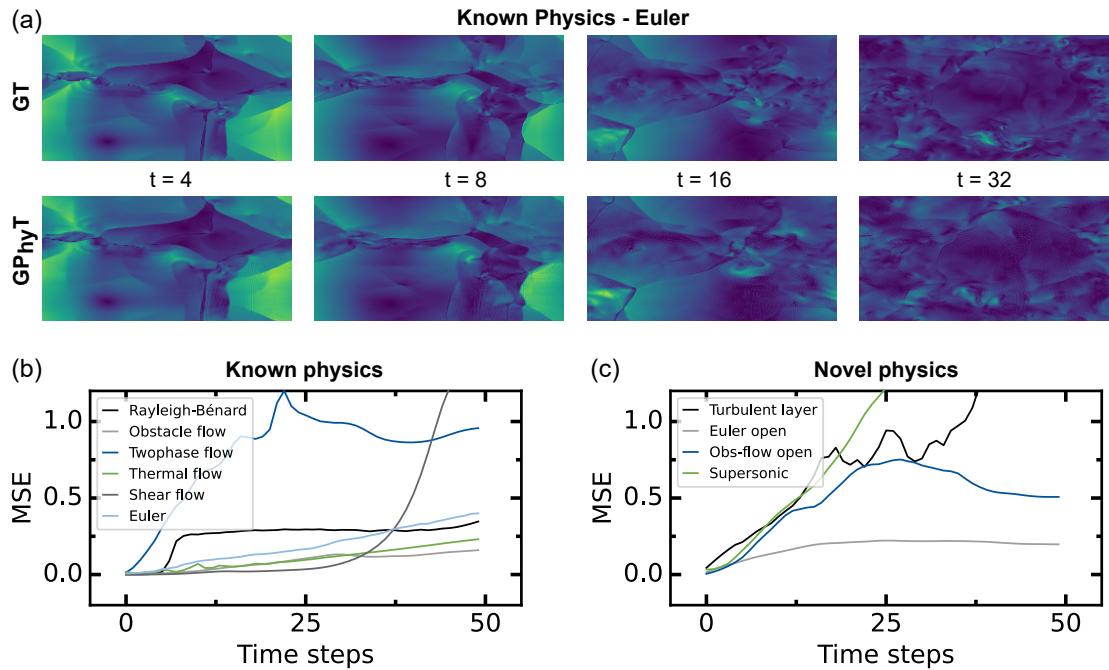 Figure 5: Long-range prediction performance. (a) Euler shockwave rollout to t=32 shows preserved global dynamics; (b) and (c) plot MSE growth—near-linear for most systems.