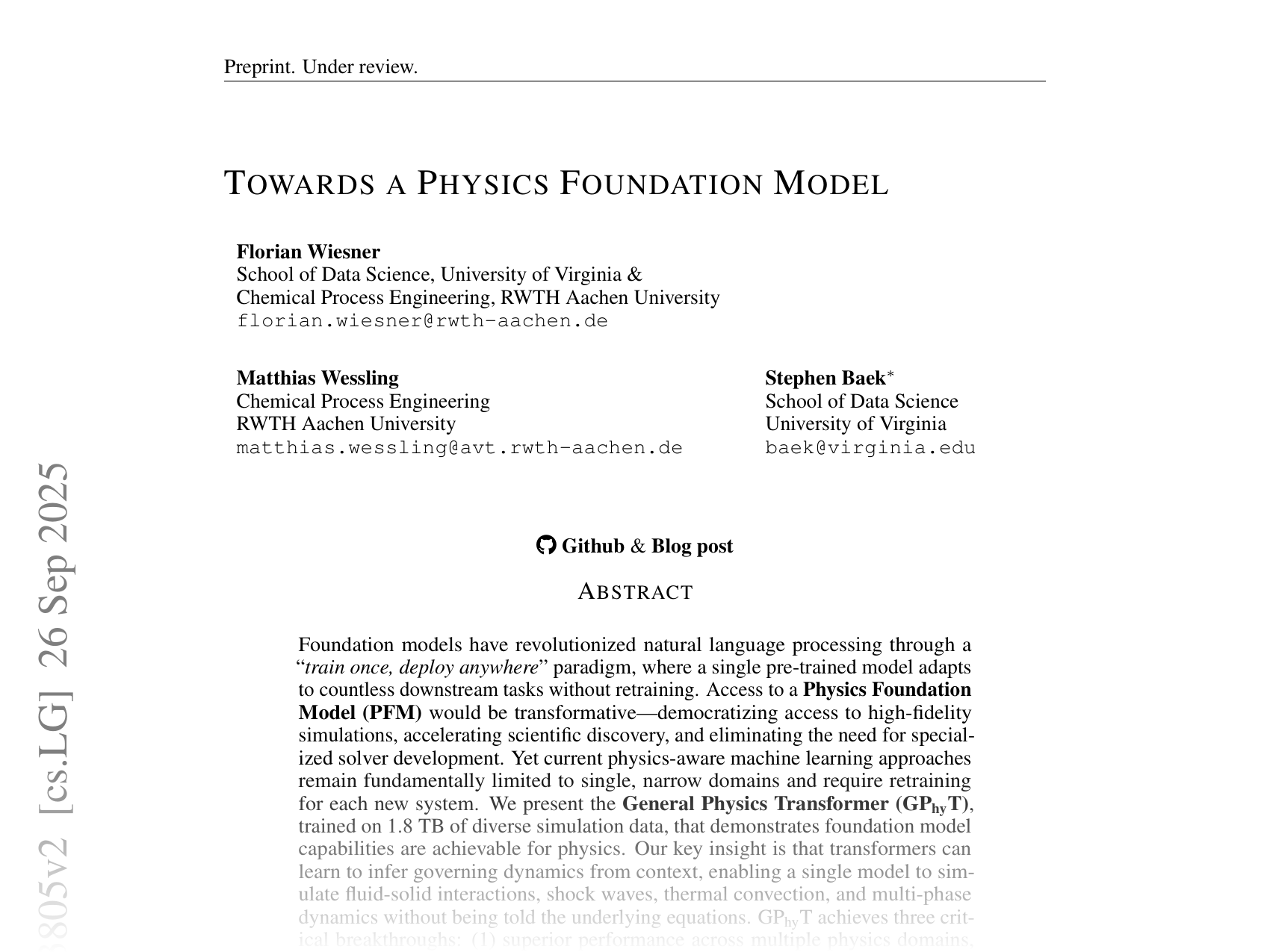 [TOWARDS A PHYSICS FOUNDATION MODEL 🔗](https://arxiv.org/abs/2509.13805)
