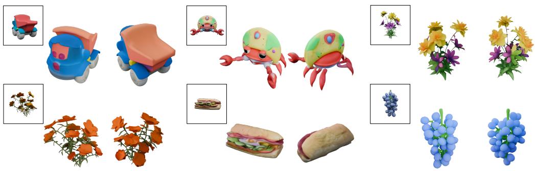 Sample 3D assets generated from single images using ATOKEN’s discrete tokens.