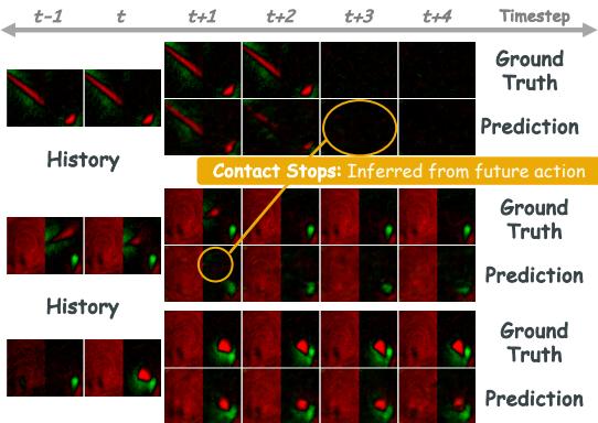 Visualization of the model predicting future tactile frames based on history.