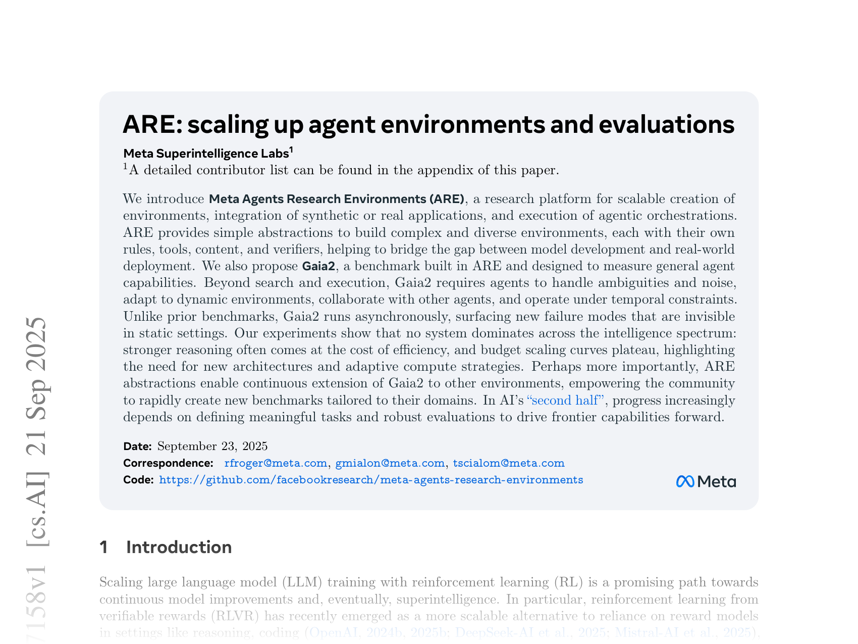 [ARE: scaling up agent environments and evaluations 🔗](https://arxiv.org/abs/2509.17158)