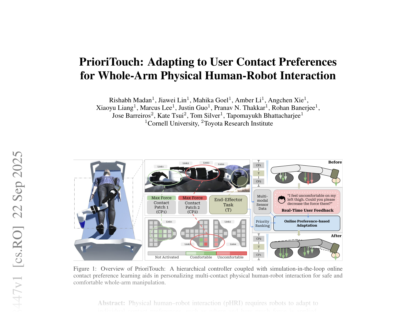 [PrioriTouch: Adapting to User Contact Preferences for Whole-Arm Physical Human-Robot Interaction 🔗](https://arxiv.org/abs/2509.18447)