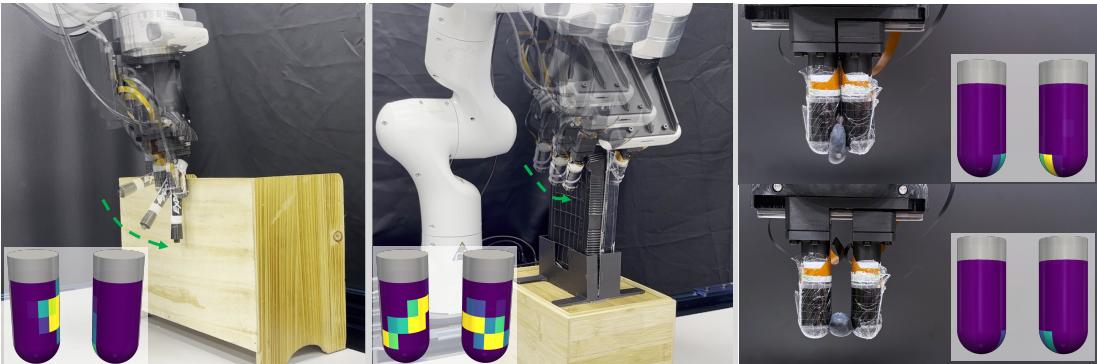 DexSkin sensors enable contact-rich robotic manipulation policies. We demonstrate the applications of DexSkin in in-hand pen reorientation, box packaging, and berry transporting tasks.