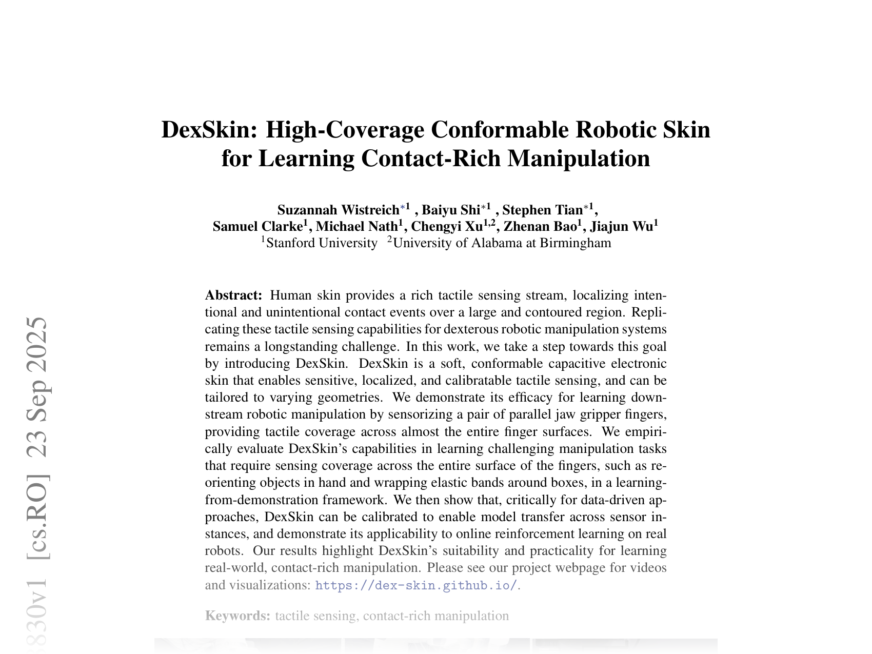 [DexSkin: High-Coverage Conformable Robotic Skin for Learning Contact-Rich Manipulation 🔗](https://arxiv.org/abs/2509.18830)