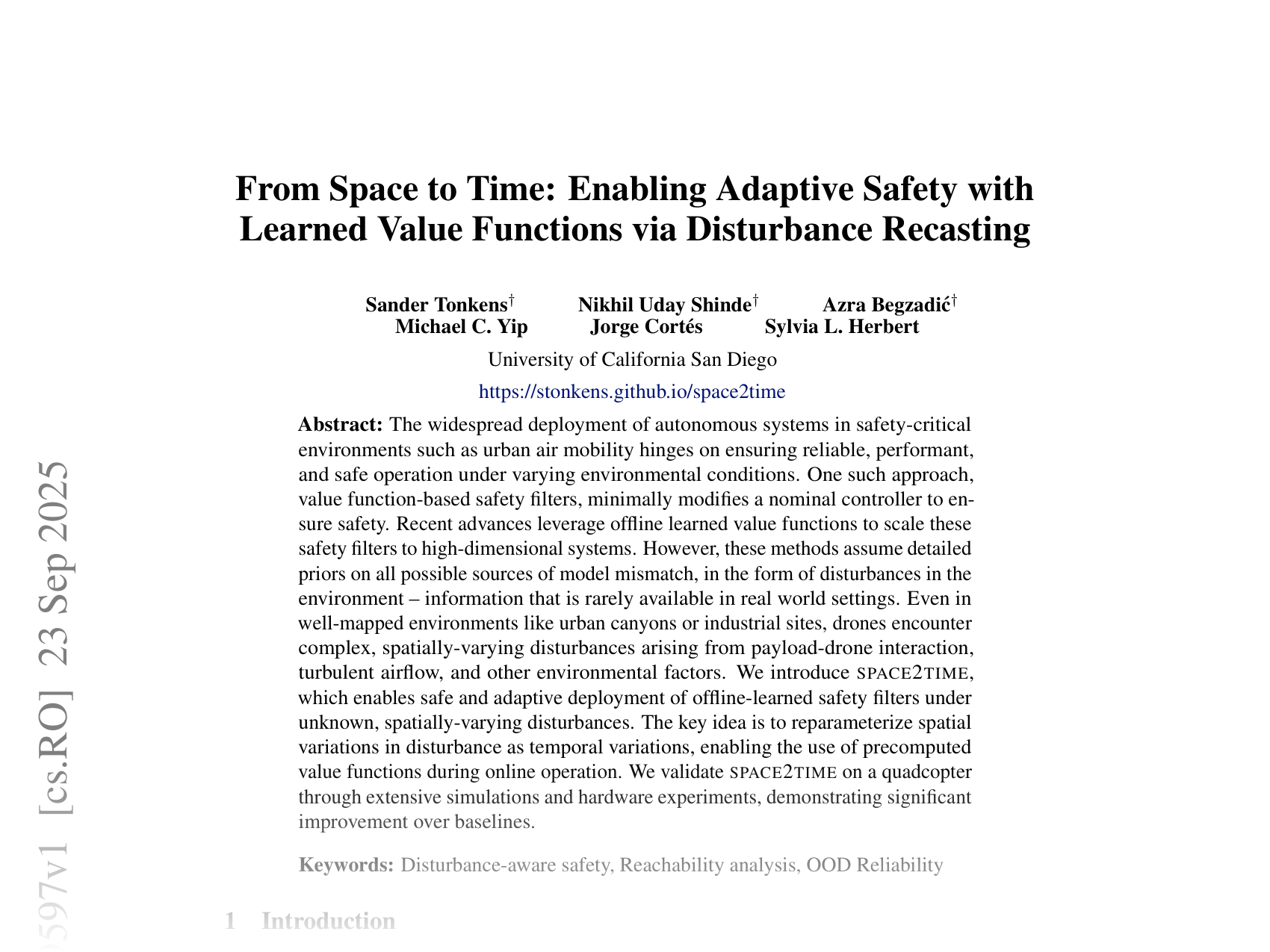 [From Space to Time: Enabling Adaptive Safety with Learned Value Functions via Disturbance Recasting 🔗](https://arxiv.org/abs/2509.19597)