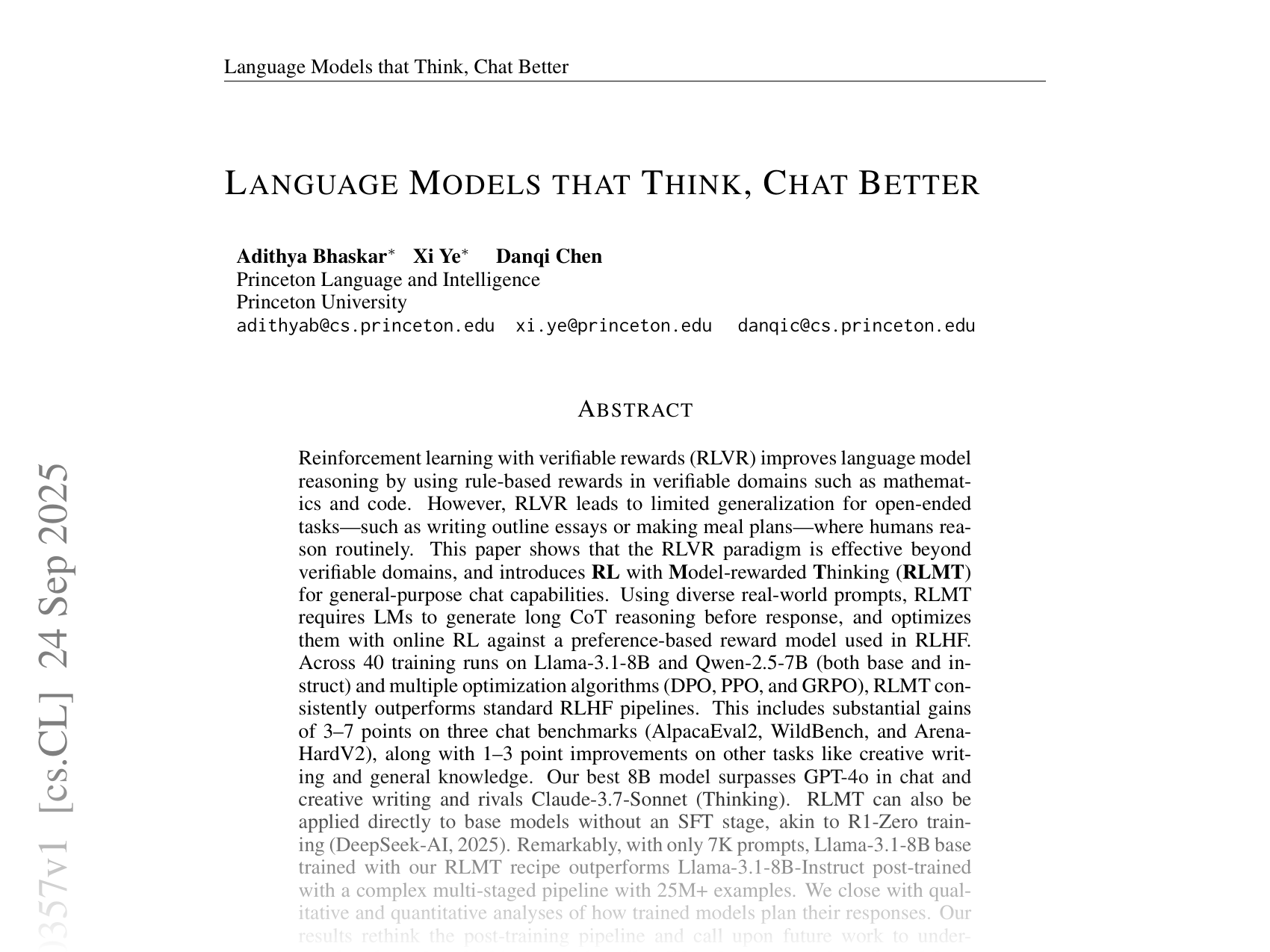 [LANGUAGE MODELS THAT THINK, CHAT BETTER 🔗](https://arxiv.org/abs/2509.20357)